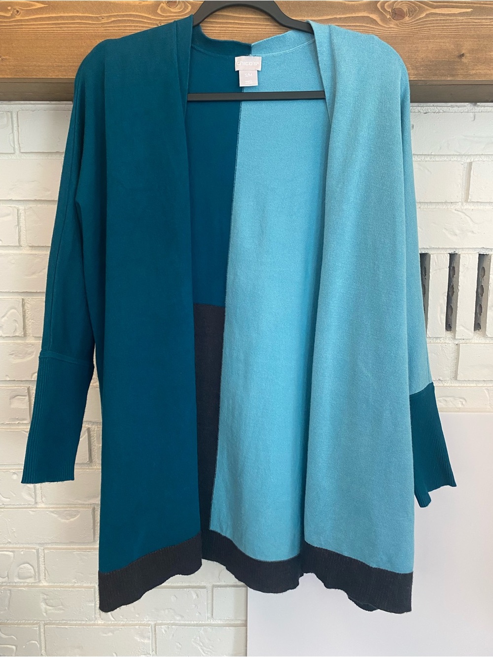 Chico’s Colorblock Open Front Long Cardigan Teal Blue Black Women’s S/M